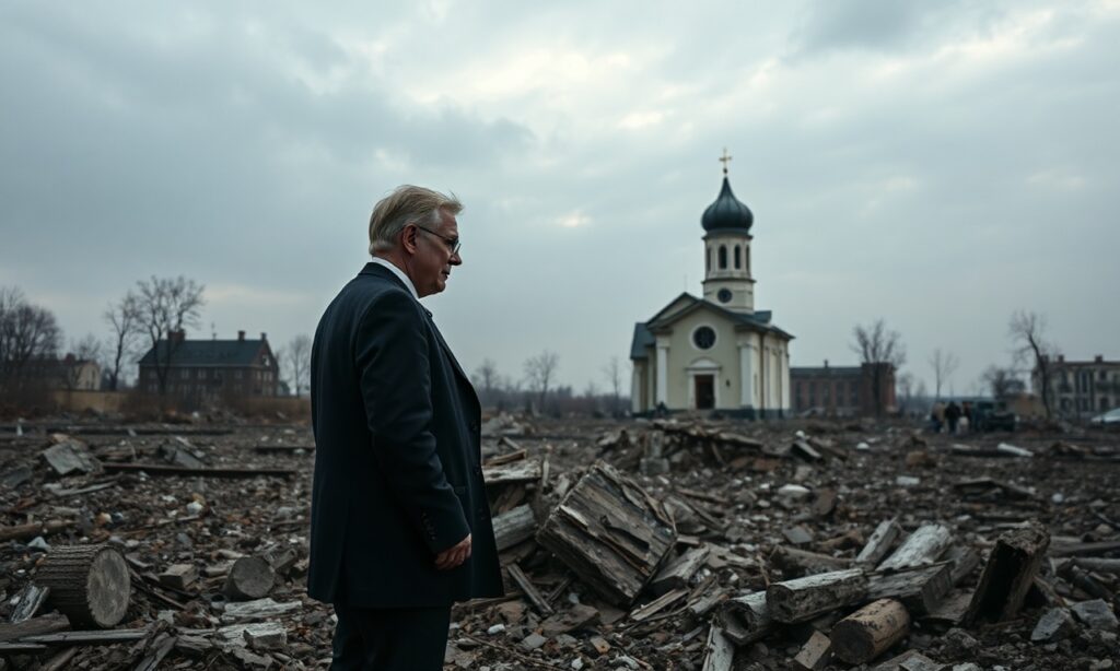 Obraz przedstawiający prezydenta Wołodymyra Zełenskiego w zniszczonym krajobrazie ukraińskim, stojącego wśród ruin kościoła, symbolizującego duchową i moralną pustkę w relacjonowaniu wojny. Na tle widoczne są zniszczone budynki i ponury niebo.
