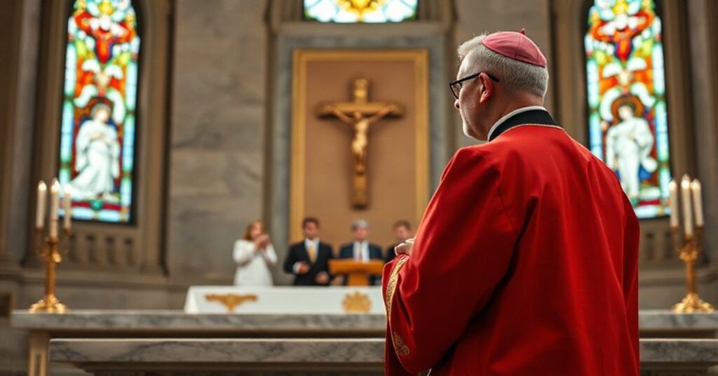 Książę biskup w tradycyjnych szatach stoi przed ołtarzem, trzymający krzyż podczas politycznej debaty