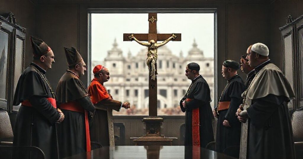 Obraz przedstawiający spotkanie polskich biskupów z modernistowskimi urzędnikami watykańskimi w przestronnym biurze o wymownym klimacie. Na scenie widoczni są abp Tadeusz Wojda SAC, abp Józef Kupny i bp Marek Marczak w tradycyjnych szatach kościelnych oraz urzędnicy w nowoczesnym ubraniu. Tło ukazuje rozmyty widok Watykanu.