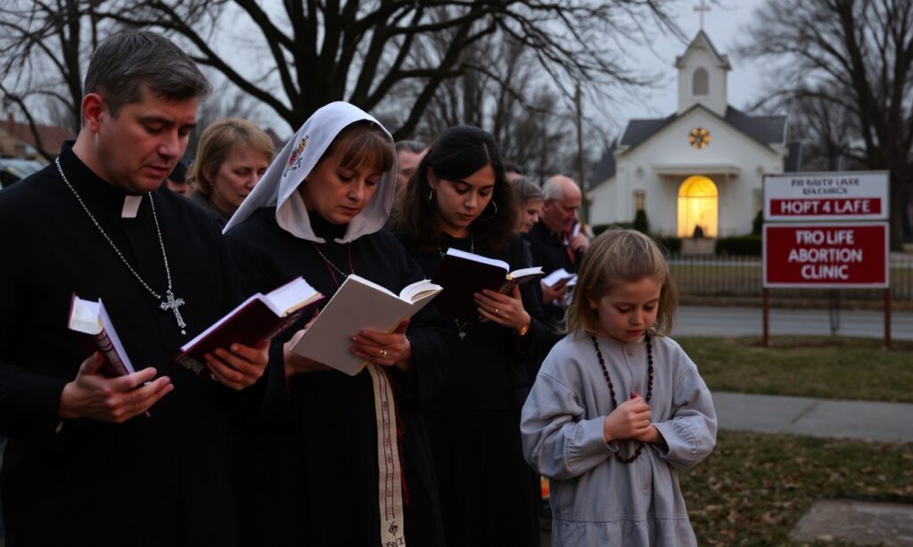 Pro-life aktywistka z rodziną modli się przed kliniką aborcyjną