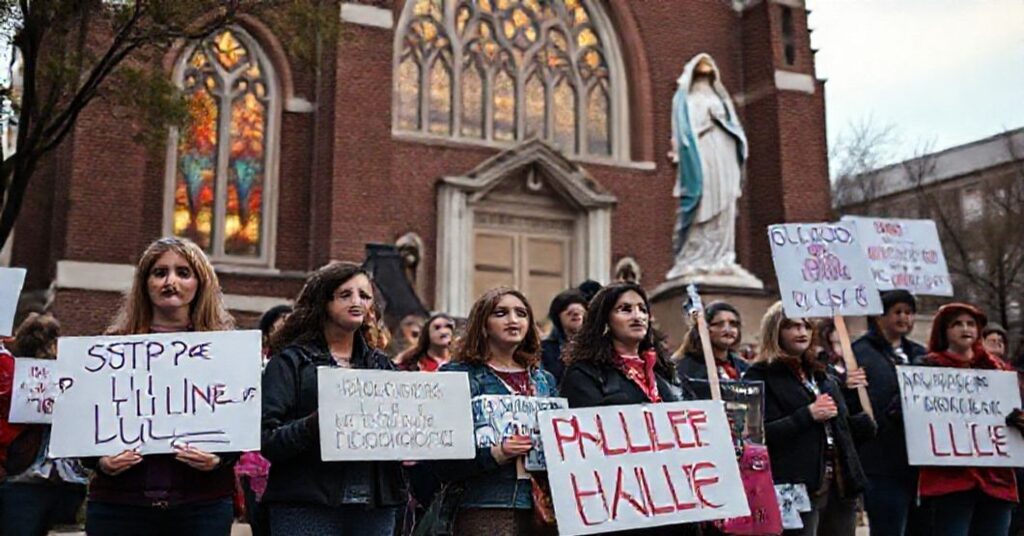 Grupa aktywistów pro-life z Lila Rose i przedstawicielami organizacji takich jak Students for Life i CatholicVote protestujących przed kliniką Planned Parenthood przed tłem kościoła katolickiego.