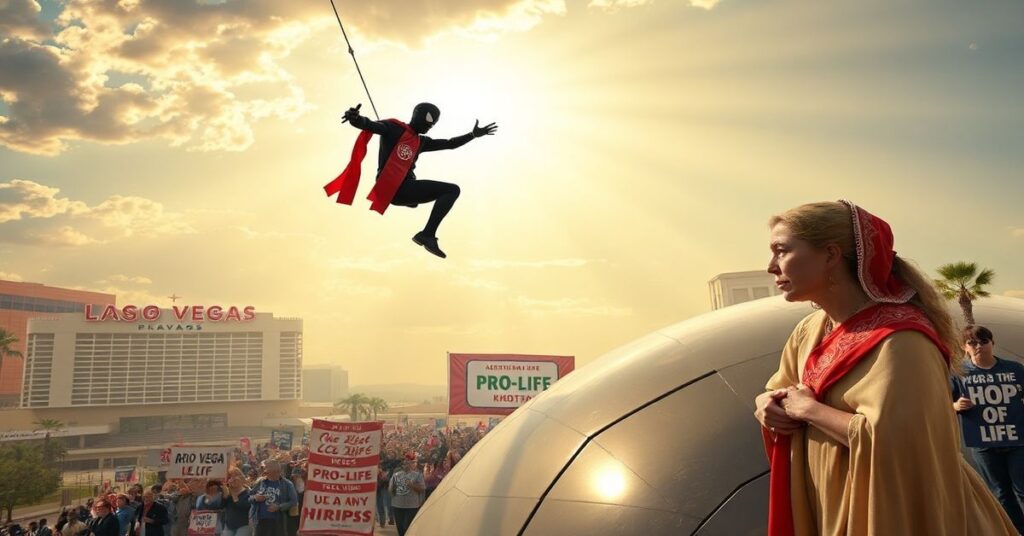 Maison DesChamps wspina się na Las Vegas Sphere w akcji pro-life z kapeluszem katolickim