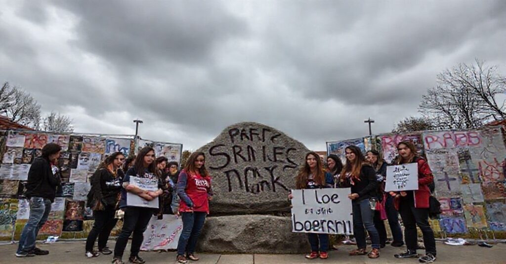 Grupa "Students for Life" na Uniwersytecie w Mary Washington stoi przed sprzeniewierconymi plakatami i deflowanym kamieniem "Spirit Rock" podczas protestu z powodu aborcji. Scena jest poważna i symboliczna.