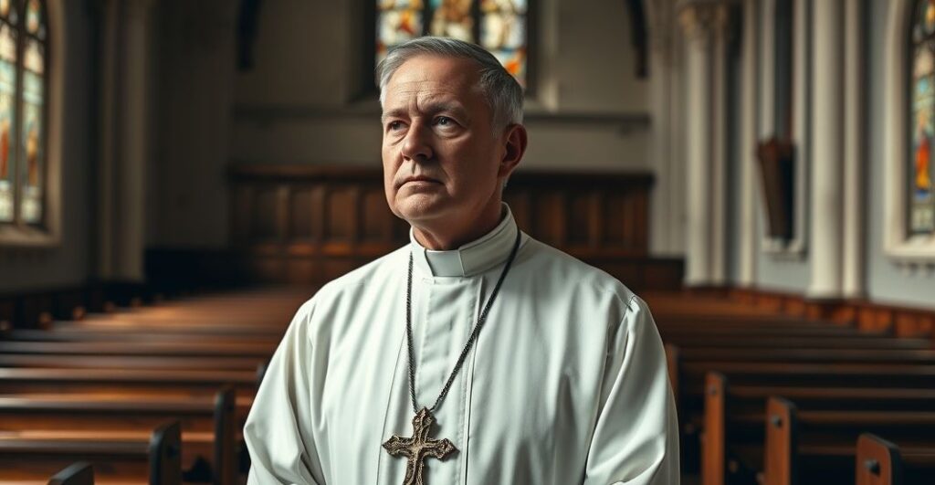 Proboszcz w tradycyjnej katolickiej sukni w historycznym kościele, symbolizujący moralną opór wobec totalitarnej władzy i apostazji narodu