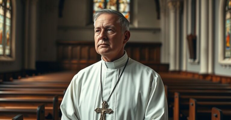 Proboszcz w tradycyjnej katolickiej sukni w historycznym kościele, symbolizujący moralną opór wobec totalitarnej władzy i apostazji narodu