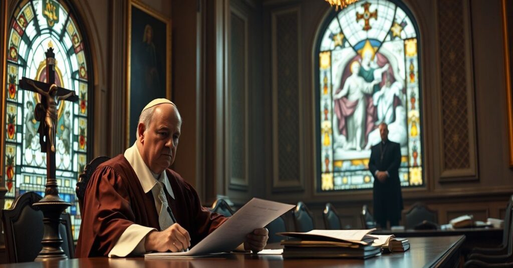 Sąd watykański z krzyżem i dokumentami w tle