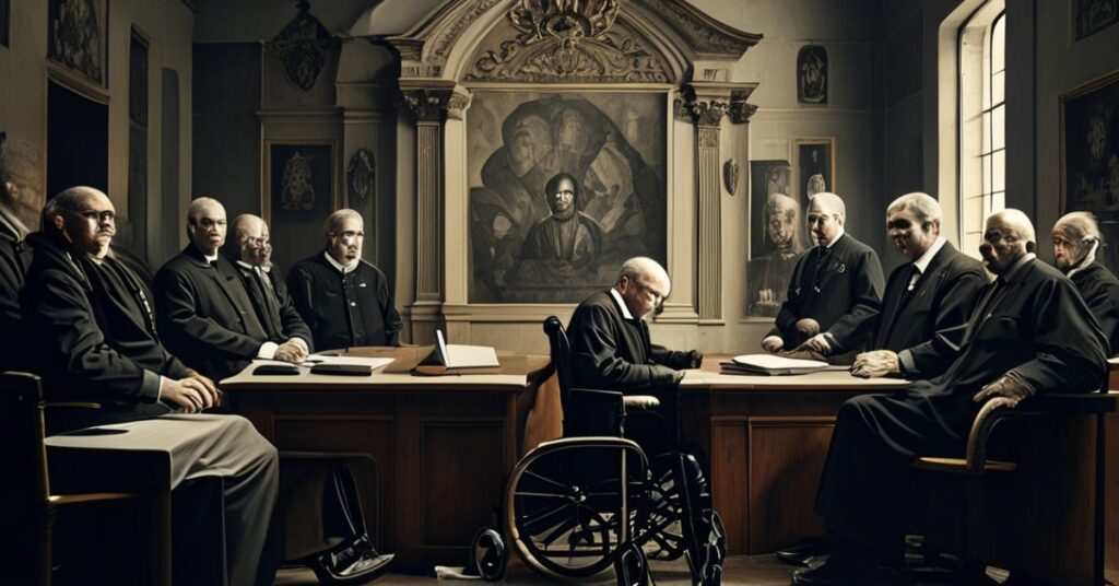 Sala sądowa w Warszawie podczas procesu Fundacji Profeto. "Ks. Michał Olszewski" siedzi na wózku inwalidzkim obok byłych urzędników Ministerstwa Sprawiedliwości.