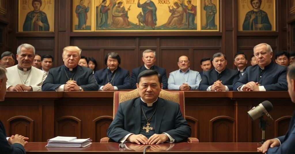 Scena sądowa z Jimmy'm Lai podczas procesu w Hongkongu, otoczony politykami Zachodu i chińskimi sędziami. Tradycyjne katolickie symbole podkreślają konflikt między wiarą a globalistyczną narracją.