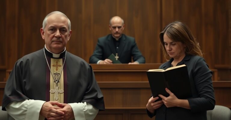 Obraz przedstawiający proces katolickiego biskupa i wiernej w Finlandii, symbolizujący konflikt między prawem boskim a władzą świecką