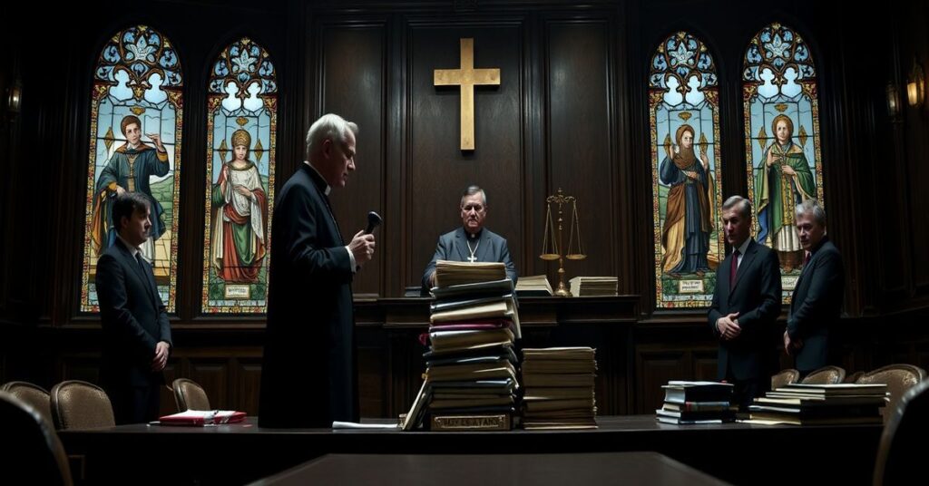 Stylizowany w tradycyjnej katolickiej estetyce widok sali sądowej z procesu księdza Olszewskiego.