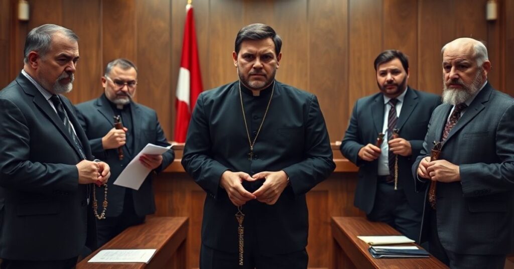 Ks. Michał Olszewski stoi w kajdanach przed sądem świeckim, otoczony rozgniewanymi katolikami tradycyjnymi.