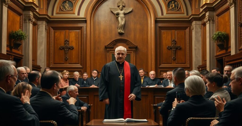 Sala sądowa z ks. Michałem Olszewskim podczas procesu, przedstawiająca kryzys sprawiedliwości w świeckim państwie.