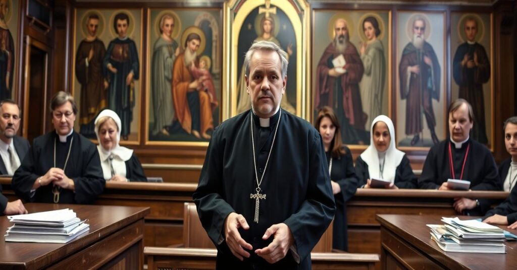 Sedziowie w sali sądowej procesują ks. Olszewskiego w handlarstwie neo-systemu
