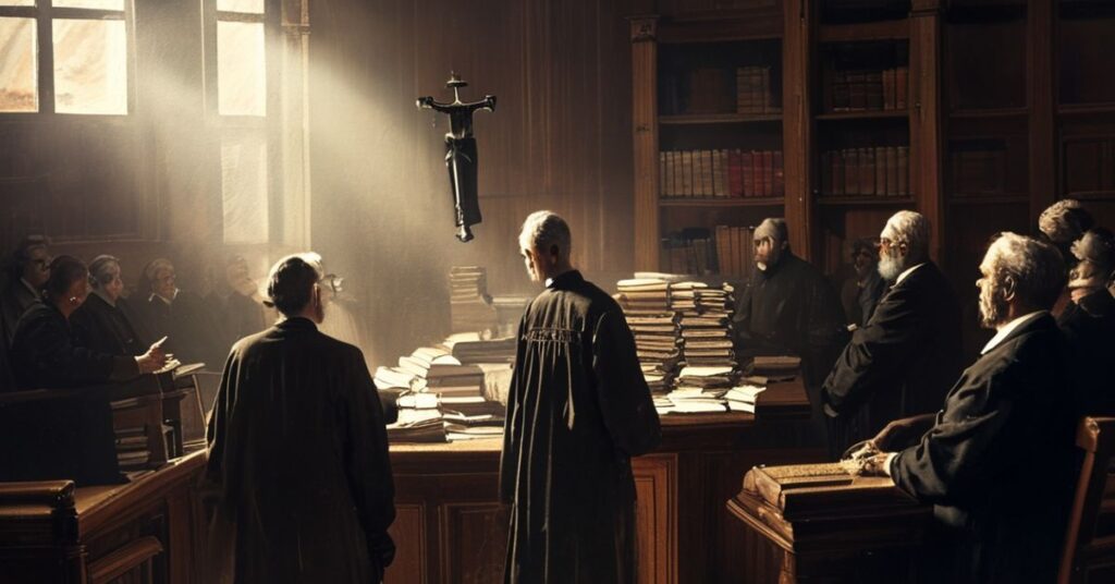 Ojciec Michał Olszewski w sali sądowej podczas procesu pokazowego, otoczony przez sędziów, w tym sędziów Justynę Koskę-Janusz. Scena pełna dokumentów i napięcia.