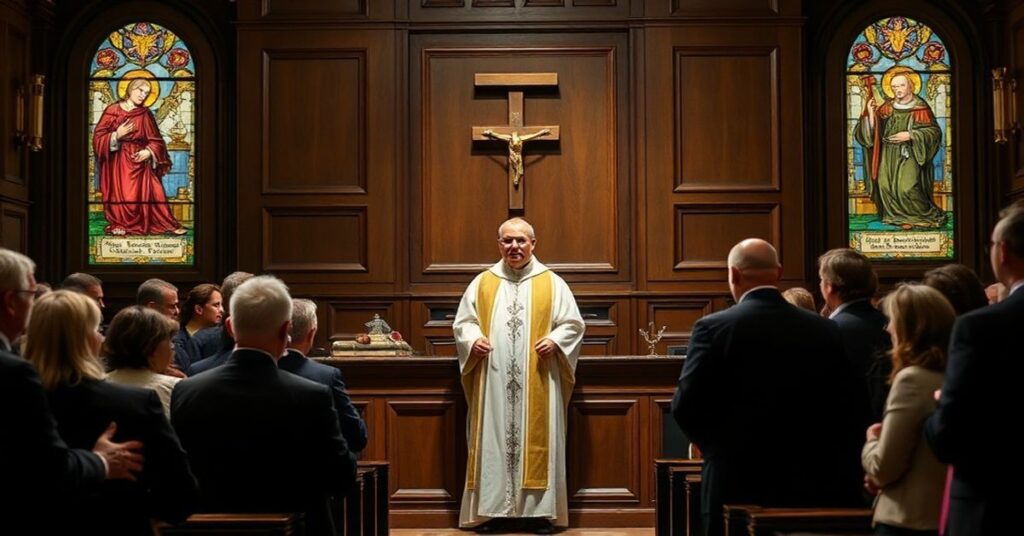 Zdjęcie przedstawiające proces księcia Piotra Glasa w sądzie świeckim na Jersey, symbolizujący konflikt między autentycznym Kościołem Katolickim a nowym porządkiem posoborowym.