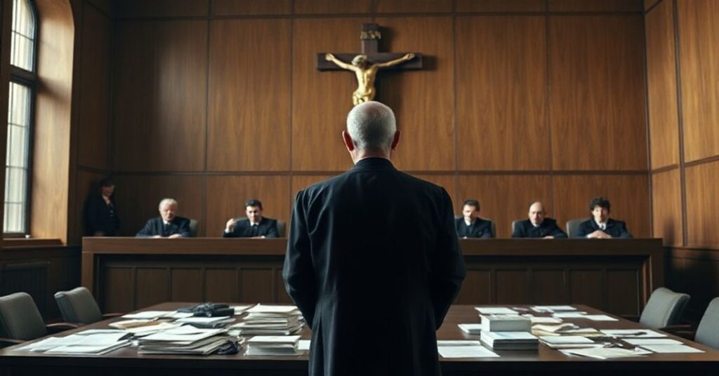 Sala sądowa z księdzem Michałem Olszewskim na procesie, symbolizująca polityczną grę w wymiarze sprawiedliwości.