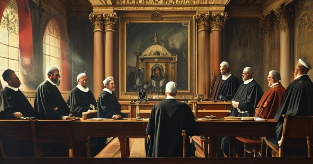 Scena sądowa w Watykanie przedstawiająca proces w sprawie nieruchomości w Londynie. Sędziowie to rzekomi "kardynałowie" Zuppi, Lojudice i Gambetti. Prokurator Alessandro Diddi stoi przed nimi. Tło ukazuje portret "papieża" Franciszka. Scena symbolizuje fałszywą autorytność i duchowe bankructwo sekt postkoncyliarnej.