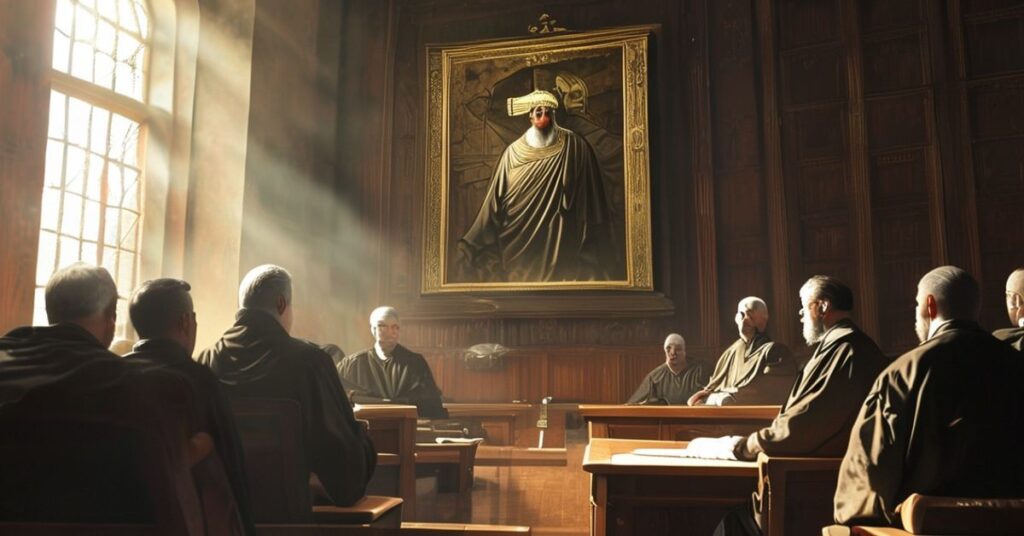 Sala sądowa z ikoną Chrystusa Pantokratora w tle podczas procesu o usunięcie symboli chrześcijańskich z budynków publicznych w Grecji