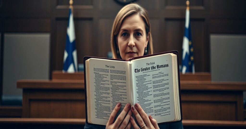 Portret posłanki fińskiej Päivi Räsänen trzymającej Biblię w sądzie z tłem flag europejskich.