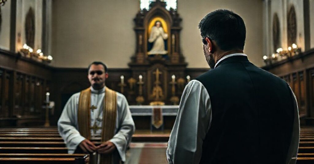 Sobór katolicki z ołtarzem Matki Boskiej Fatimskiej na tle procesu Tomasza J. za zabójstwo księdza Grzegorza Dymka.