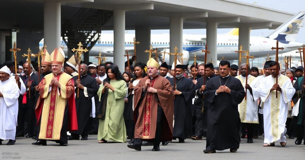 Procesja katolicka w Bamendzie - wierni trzymają krzyże i modlitewniki podczas homilii uzurpatora 'Leona XIV'