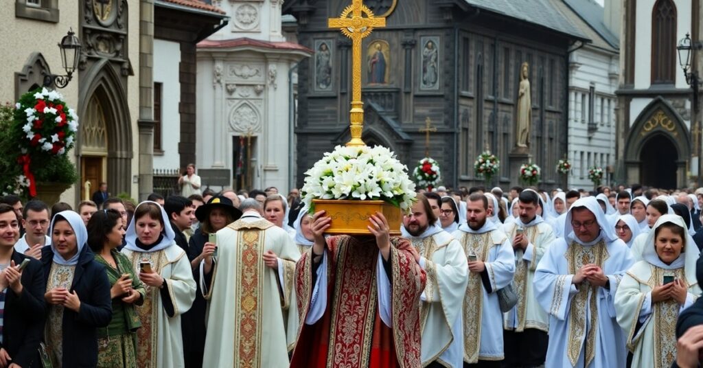 Procesja Bożego Ciała w Busku-Zdroju z trójparafialnym udziałem wiernych i „biskupem” Andrzejem Kaletą. Scena przedstawia tradycyjne rytuały katolickie pod kątem sedevacantystycznym.