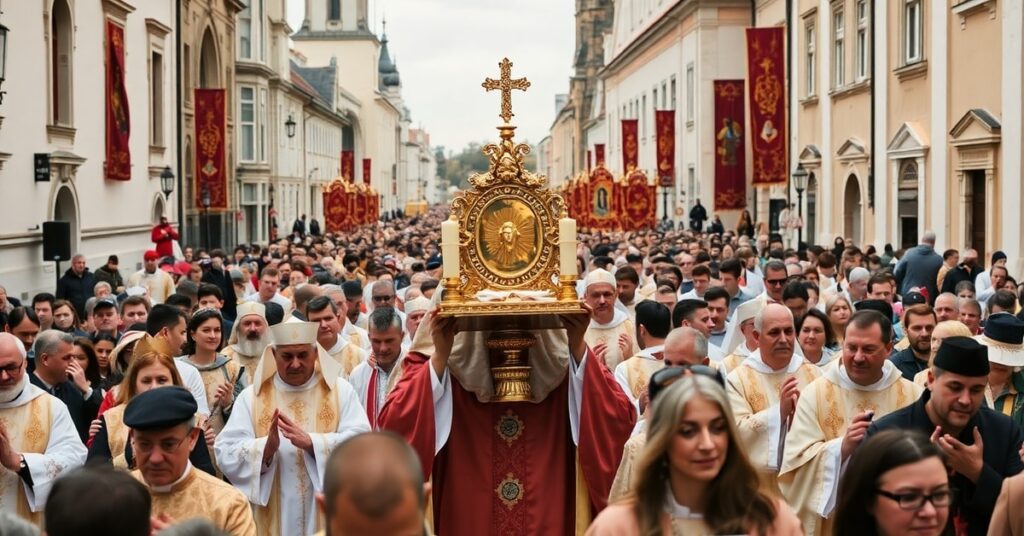 Procesja Bożego Ciała w Gorzowie Wielkopolskim - wierni niosą Najświętszy Sakrament w uroczystej procesji