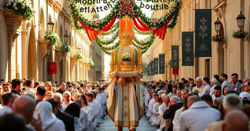 Procesja Bożego Ciała w Łodzi w 2026 roku: uroczysta procesja z monstrancją witać tradycyjne stroje i modlących się wiernych w ozdobionej ulicznej scenerii.
