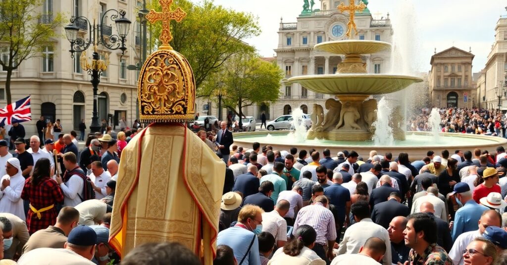 Procesja Bożego Ciała w Madrycie z monstrancją i wiernymi klęczącymi na kwiatowych dywanach