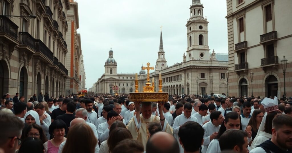 Procesja Bożego Ciała w Madrycie z monstrancją w centrum, bez odniesienia do królestwa Chrystusa