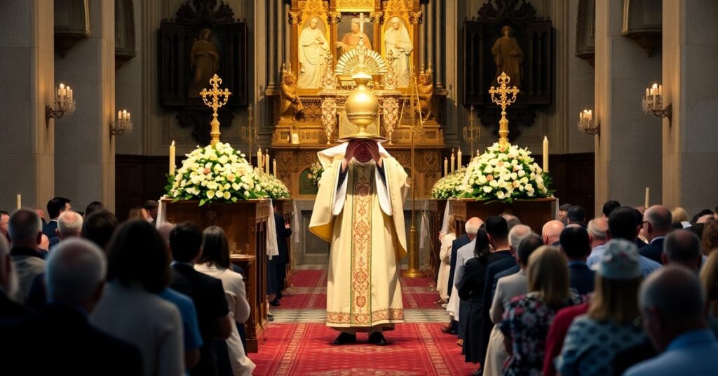 Procesja Bożego Ciała ze sprawującym ks. dr Łukaszem Celińskim, tradycyjne ołtarze z kwiatami, brak krzyżowej ofiary w centrum uwagi.