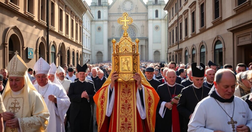 Wielka procesja Bożego Ciała w Przemyślu z abp. Adamem Szalem niosącym monstrancję. Wierni w tradycyjnych strojach modlą się przede świątynią.
