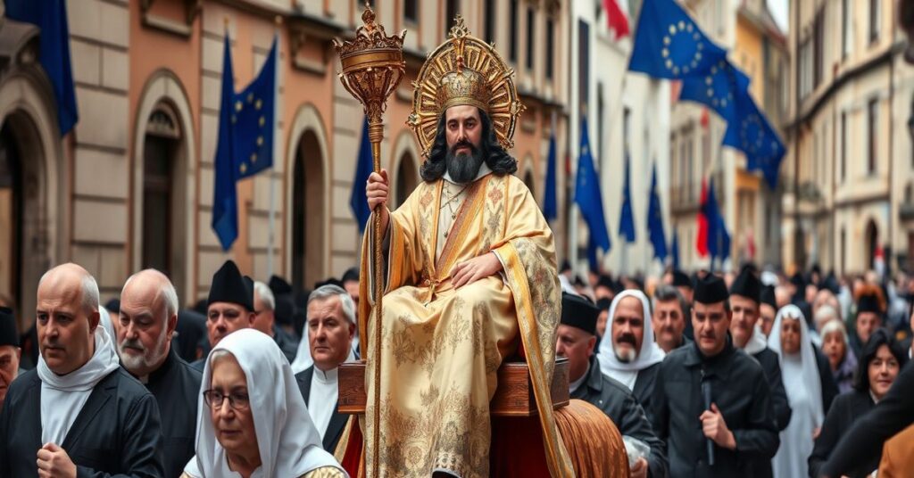 Procesja katolicka z figurą Chrystusa Króla w Polsce, symbolizująca walkę o duchowe przywództwo kraju na tle współczesnej polityki.