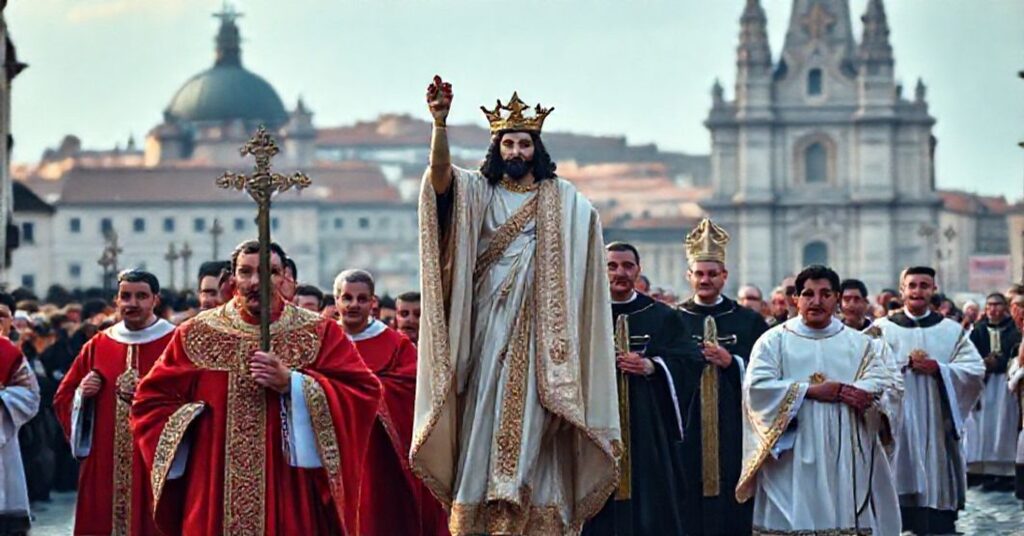 Procesja katolicka z wizerunkiem Chrystusa Króla w tle miasta europejskiego