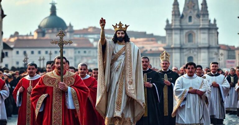 Procesja katolicka z wizerunkiem Chrystusa Króla w tle miasta europejskiego