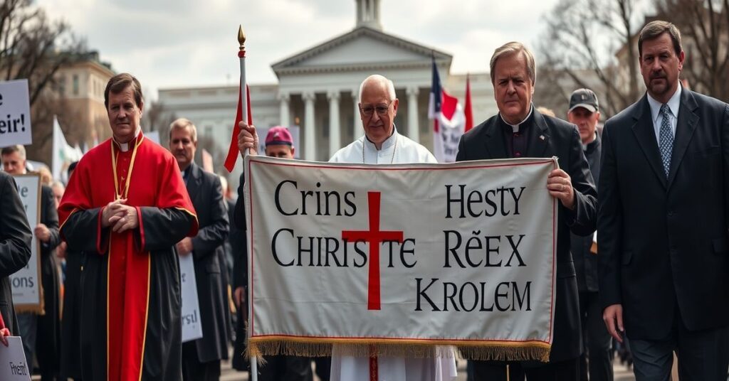 Procesja katolicka z transparentem Chrystus Królem w Waszyngtonie pod obserwacją polityków
