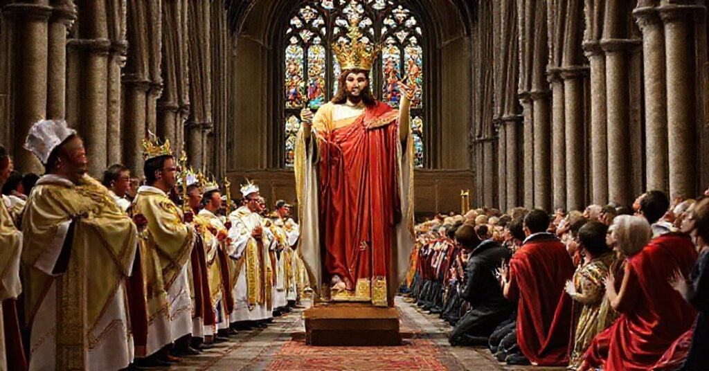 Procesja katolicka z figurą Chrystusa Króla przed gotycką katedrą