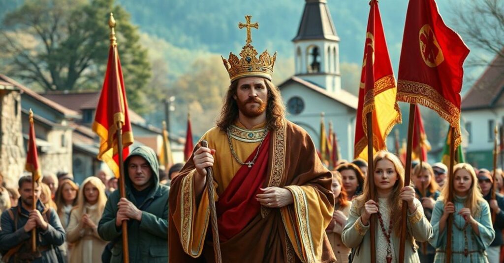 Procesja katolicka z obrazem Chrystusa Króla, symbolizująca duchową obronę Polski przed cyberzagrożeniami