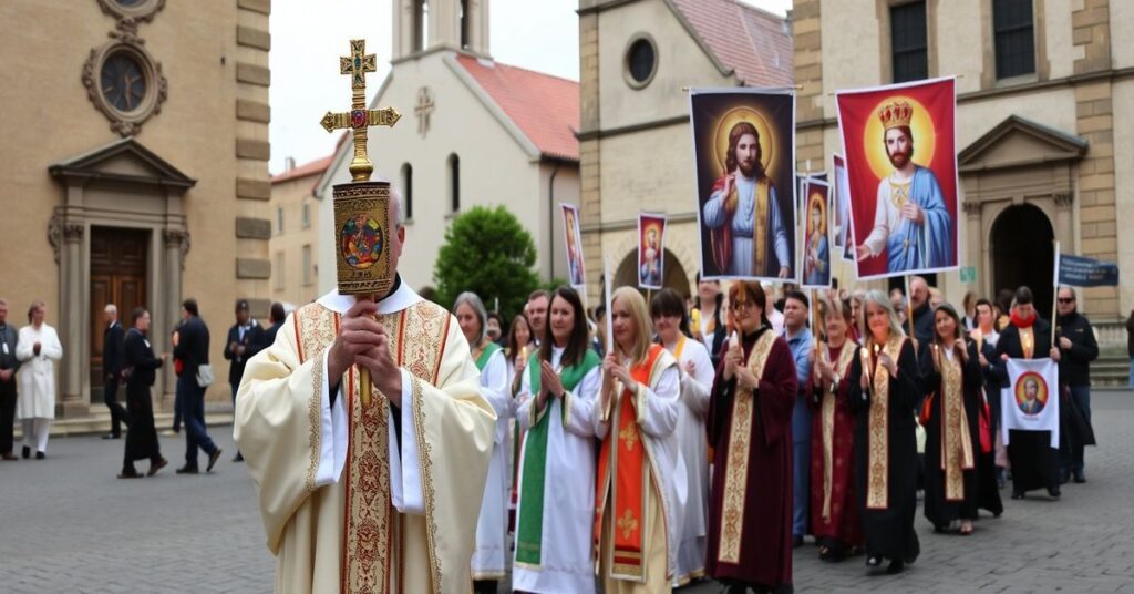 Procesja katolicka na cześć Chrystusa Króla z monstrancją i modlitwą w obronie życia