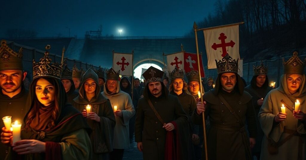 Procesja katolicka z transparentami Chrystusa Króla u granicy polsko-białoruskiej przy odkrytym tunelu nielegalnym.