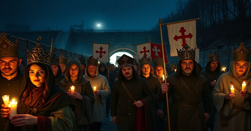 Procesja katolicka z transparentami Chrystusa Króla u granicy polsko-białoruskiej przy odkrytym tunelu nielegalnym.