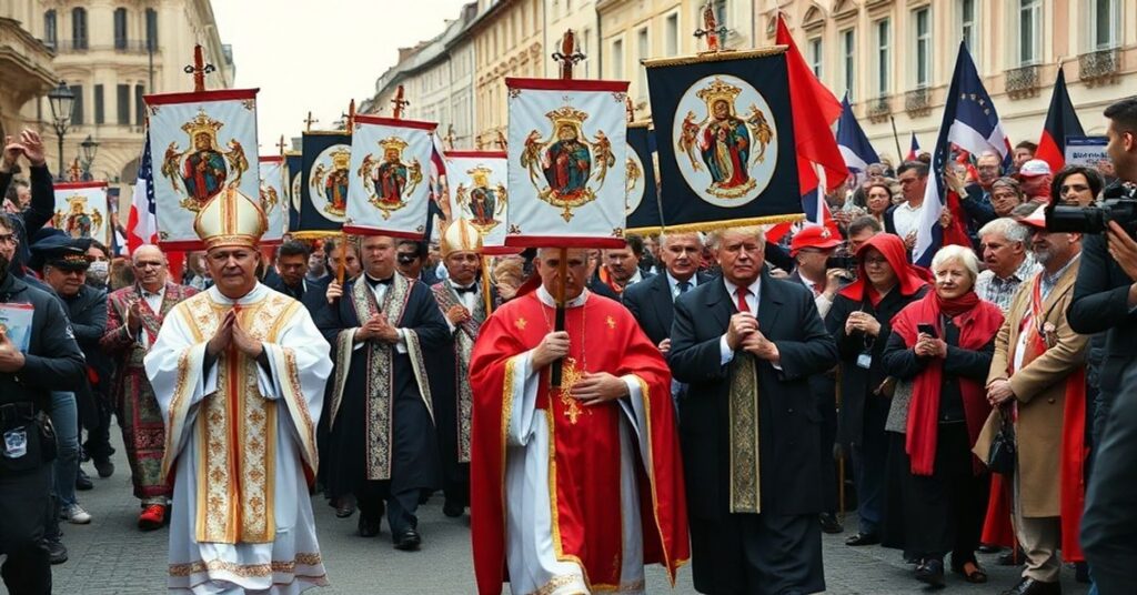 Procesja katolicka z obrazem Chrystusa Króla w tle politycznego mitingu Trumpa