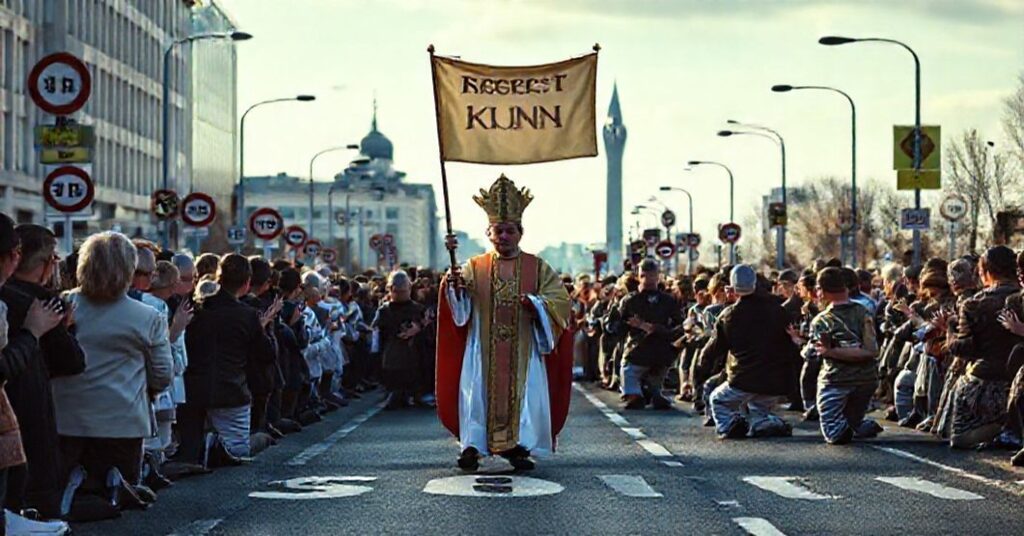 Procesja katolicka w Helsinkach z kapłanem pod sztandarami Chrystusa Krola, wierni modlący się na drodze z ograniczeniami prędkości. Scena ukazuje kontrast między wiarą a sekularyzacją.