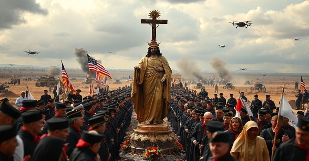 Procesja katolicka z figurą Chrystusa Króla w tle wojennego krajobrazu z dronami i wybuchami
