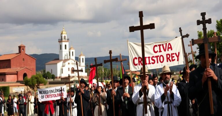 Procesja katolicka w Meksyku ku czci męczenników cristero z transparentami "¡Viva Cristo Rey!", z tłem wiejskich kościołów i krajobrazów ich prześladowań