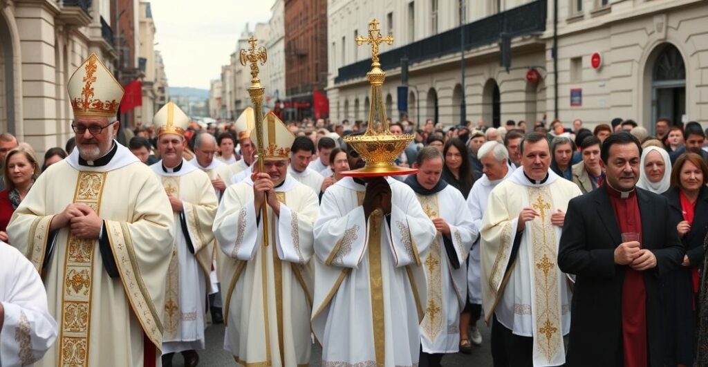 Realistyczne zdjęcie procesji eucharystycznej w Dublinie, wierni i duchowieństwo w tradycyjnych szatach, oddając cześć Najświętszemu Sakramentowi w duchu prawdziwej wiary katolickiej