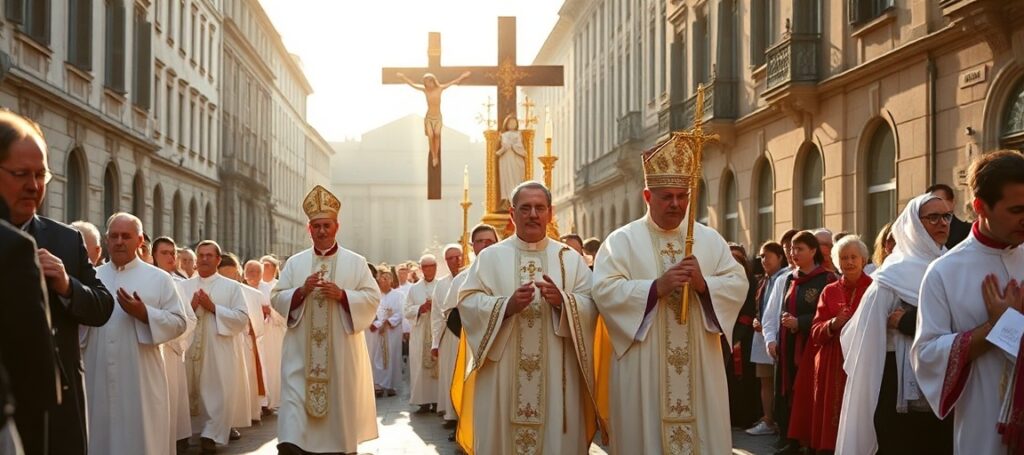 Uroczysta procesja katolicka podczas STATIO Kongresu Eucharystycznego w Ełku prowadzona przez sedevacantistowskiego biskupa w tradycyjnych szatach biskupich. W tle widoczna jest średniowieczna architektura i duży krzyż.