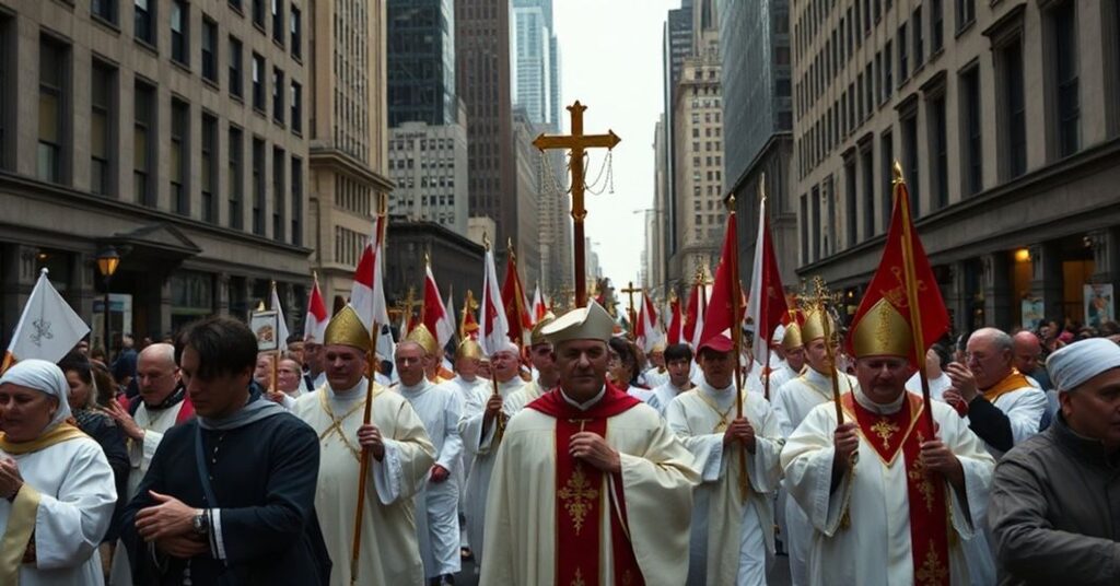 Pobożna procesja katolicka w Nowym Jorku z monstrancją eucharystyczną na tle nowoczesnej architektury miasta.