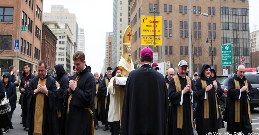 Procesja eucharystyczna z Najświętszym Sakramentem przed placówką Planned Parenthood w Pittsburghu w 2026 roku.