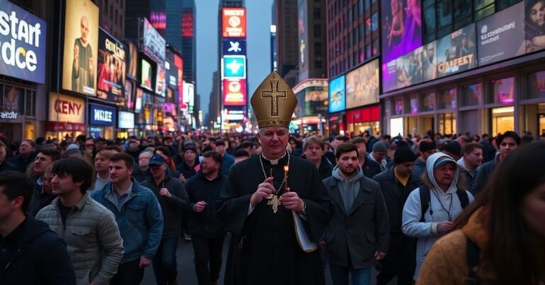 Procesja eucharystyczna w Times Square w Nowym Jorku z 2025 roku - symbol pustki doktrynalnej pod pozorem pobożności